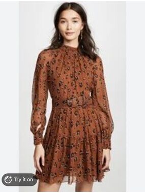 NICHOLAS Golden brown with black leopard print Long-Sleeve Belted Mini Dress